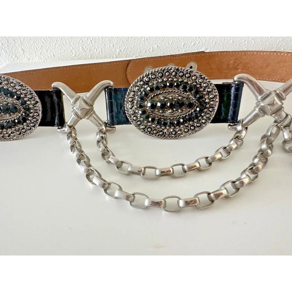 Streets Ahead Belt Silver Metal Chain & Rhinestone Black Leather STATEMENT 32 in